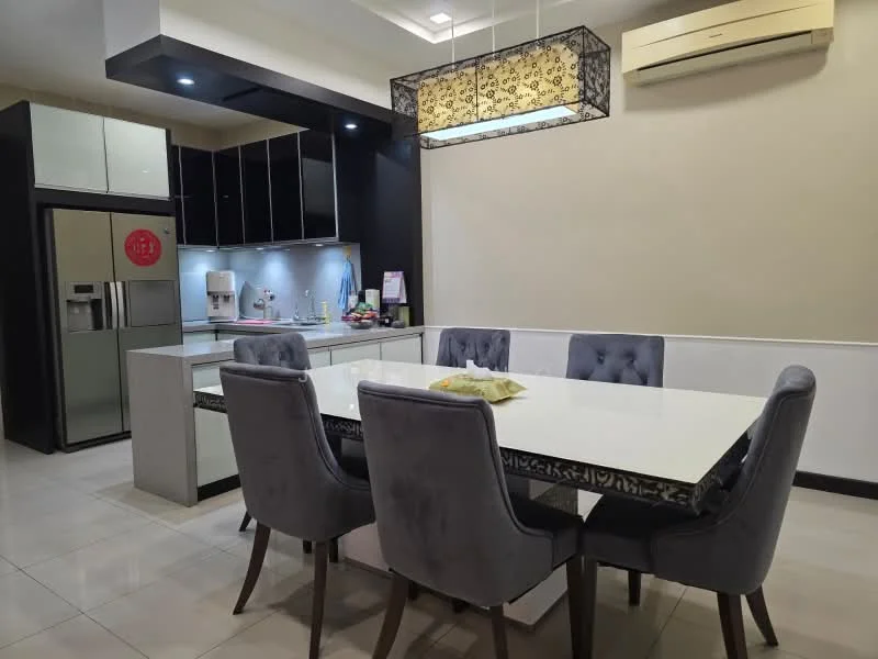 Dining features: 6-seater dining table with white top, upholstered dining chairs in grey, chandelier with decorative design, built-in cabinetry with black finish, stainless-steel fridge, built-in kitchen appliances, white tiled flooring, wall-mounted air conditioning unit, recessed ceiling lights, black accent wall; style: modern.