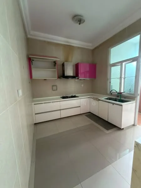 Kitchen features: white cabinetry with pink upper cabinets, marble countertop, stainless-steel sink, chrome pull-down faucet, built-in gas hob, exhaust hood, tile backsplash, grey tile flooring, window with natural light, wall-mounted storage shelf; style: modern.