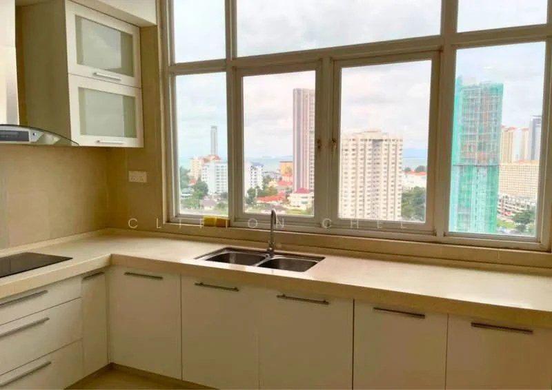Kitchen features: white shaker cabinets, double-bowl stainless-steel sink, chrome pull-down faucet, light-colored stone countertop, glass-front upper cabinets, built-in oven, stainless-steel range hood, window with city view, neutral tiled backsplash, recessed downlights; style: modern; view: city.