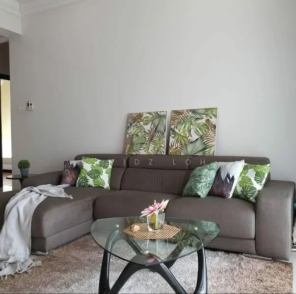 Living features: grey fabric sofa, decorative cushions with tropical pattern, glass coffee table, area rug, framed artwork with leaf design, light grey painted walls, plant in ceramic pot; style: modern.