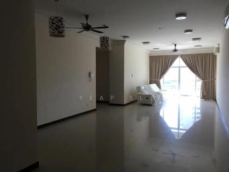 Living features: white painted walls, polished ceramic tile flooring, 5-blade ceiling fan with light, recessed downlights, floor-to-ceiling windows, curtains, sofa, air conditioning unit; style: modern; view: city.