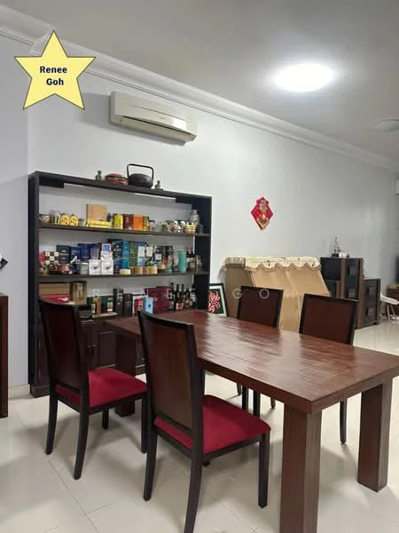 Dining features: wooden dining table, 4 wooden dining chairs with red upholstery, open shelving unit with various bottles and jars, wall-mounted air conditioning unit, white painted walls, tile flooring, decorative wall hanging, recessed ceiling lights; style: modern.