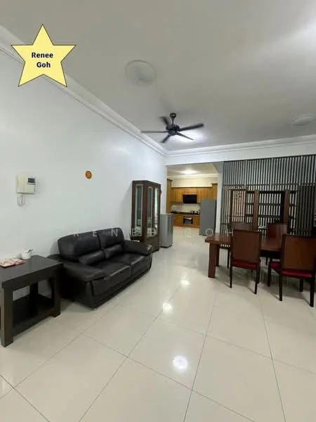 Living features: cream painted walls, glossy tile flooring, 5-blade ceiling fan with light, 3-seater leather sofa in black, wooden coffee table, glass-front display cabinet, dining table with 6 chairs, refrigerator, open layout to kitchen, wall-mounted intercom; style: modern.