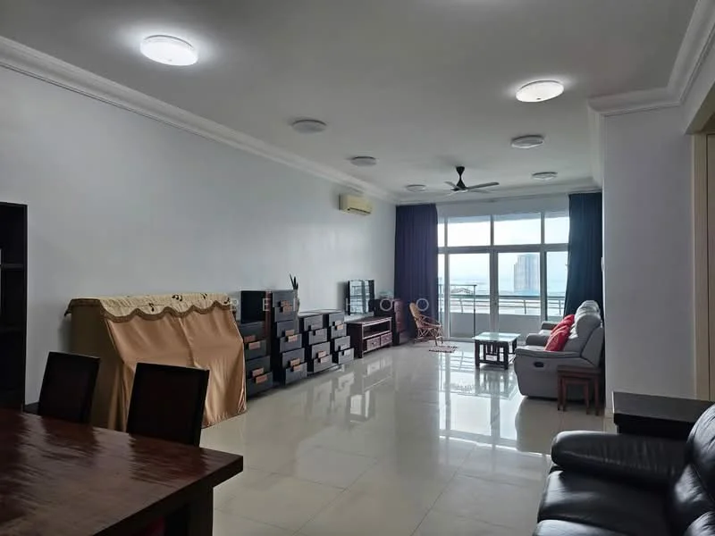 Living features: white painted walls, polished tile flooring, 5-blade ceiling fan with light, recessed downlights, floor-to-ceiling windows, blackout curtains, sofa in grey, coffee table, TV console, entertainment unit, decorative wall unit, area rug, view of city skyline; style: modern; view: city.