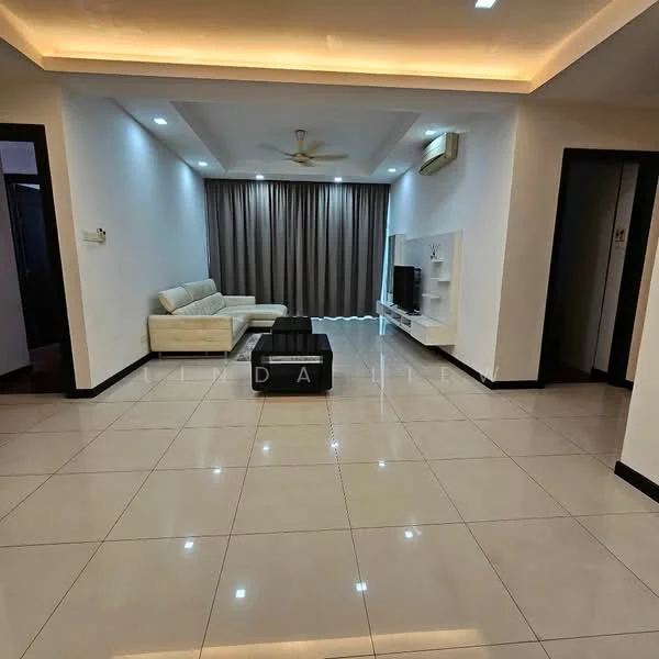Living features: white painted walls, recessed ceiling with LED lighting, marble tile flooring, 5-blade ceiling fan, floor-to-ceiling windows with sheer curtains, light-colored sectional sofa, black coffee table, wall-mounted TV, TV console, air conditioning unit; style: modern.