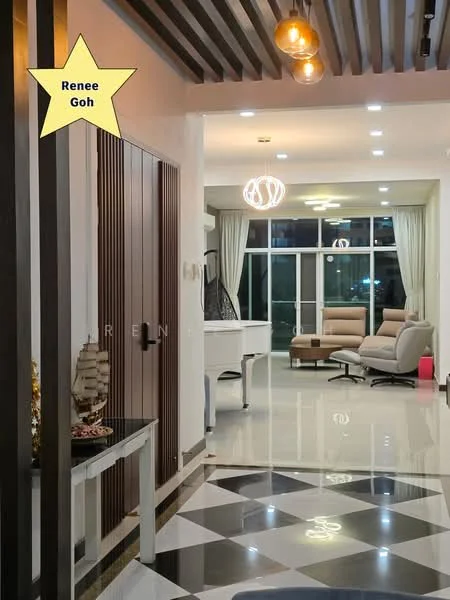Room features: polished tile flooring, white painted walls, recessed downlights, pendant light fixture, large windows with sheer curtains, modern ceiling design with wooden beams, decorative console table, upholstered armchair, decorative wall art, open layout, neutral color palette; style: modern; view: city.