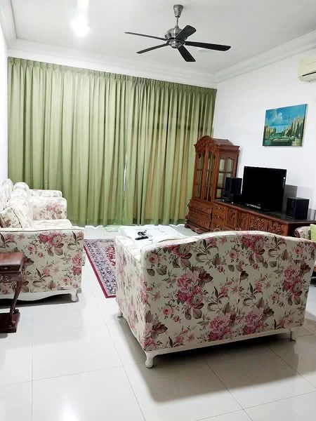 Living features: floral-patterned fabric sofas, ceiling fan, green curtains, wall-mounted TV, wooden TV console, decorative wooden cabinet, area rug with geometric pattern, white tiled flooring, wall art with landscape, air conditioning unit; style: contemporary.