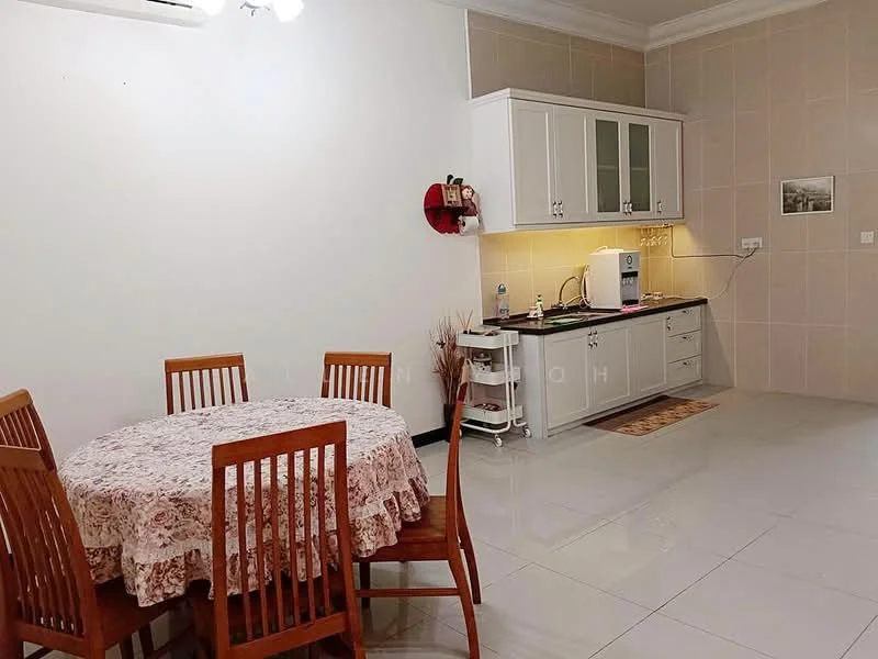Dining features: round dining table with floral tablecloth, 4 wooden dining chairs, white cabinetry, black countertop, built-in kitchen sink, kettle, water dispenser, wall-mounted shelf, tile flooring, cream painted walls, recessed ceiling lights; style: modern.