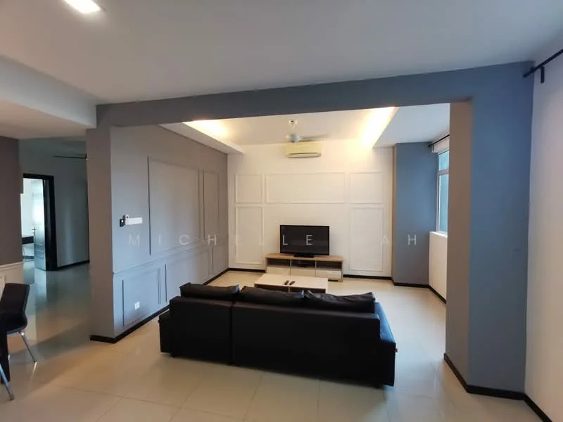 Living features: black leather sofa, coffee table, wall-mounted TV, TV console, recessed downlights, ceiling fan, light grey painted walls, white panel feature wall, tile flooring, large windows, neutral color scheme; style: modern.