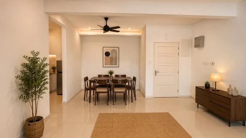 Dining features: 6-seater dining table, wooden dining chairs, pendant light, wall-mounted air conditioning unit, cream painted walls, white ceiling, floor-to-ceiling windows, light-colored tiled flooring, decorative plant in pot, sideboard with decorative items, area rug with neutral color; style: modern. Room features: white painted walls, light-colored tiled flooring.
