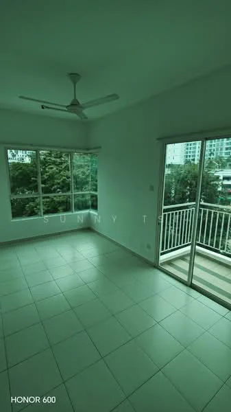 Room features: white painted walls, tile flooring, 5-blade ceiling fan, floor-to-ceiling windows, sliding glass door, balcony access, greenery view; style: modern; view: garden.