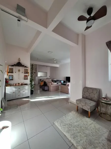 Living features: light grey tiled flooring, white painted walls, exposed beams on ceiling, 5-blade ceiling fan, large windows with sheer curtains, sofa set in light color, coffee table, decorative plants, area rug, wall-mounted TV, console table with decorative items; style: modern. Room features: grey upholstered armchair, small round side table, decorative items on console.