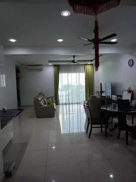 Living features: white painted walls, glossy ceramic tile flooring, 5-blade ceiling fan with light, recessed downlights, floor-to-ceiling windows, sheer curtains, green accent curtains, sofa in beige fabric, decorative cushions, glass dining table, 4 dining chairs, wall-mounted TV, clock on wall, air conditioning unit; style: modern; view: city.