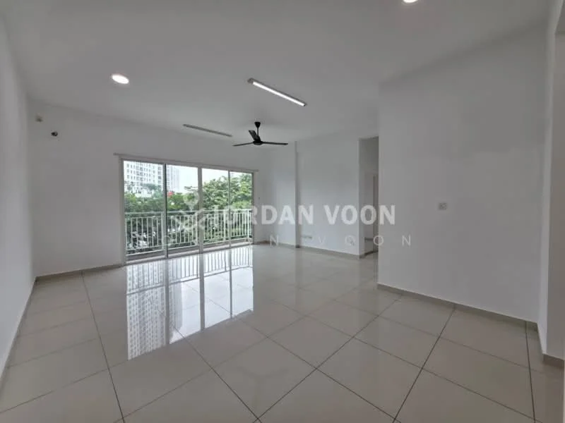 Living features: white painted walls, glossy ceramic tile flooring, 5-blade ceiling fan with light, floor-to-ceiling windows, sliding glass door, balcony access, natural light, neutral color scheme; style: modern; view: garden.