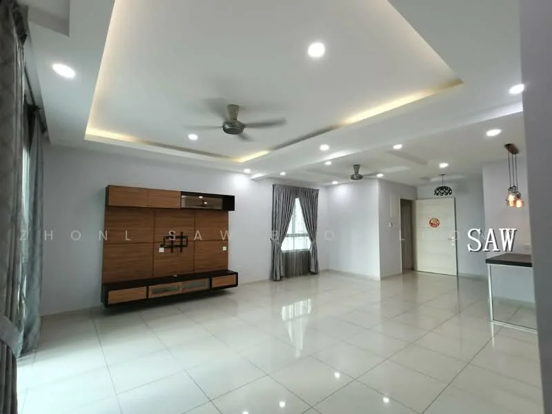 Living features: white painted walls, glossy ceramic tile flooring, tray ceiling with recessed lighting, 5-blade ceiling fan with light, wooden TV console with storage, grey curtains, pendant lighting, open layout, doorway leading to another room; style: modern.