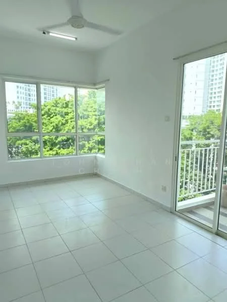 Living features: white painted walls, tile flooring, floor-to-ceiling windows, sliding glass door, ceiling fan, natural light from windows, view of greenery, balcony access; style: modern; view: garden.