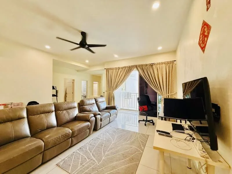 Living features: 3-seater leather sofa in brown, 2-seater leather sofa in brown, area rug with leaf pattern, wall-mounted TV, TV console, 5-blade ceiling fan with light, curtains, white painted walls, glossy tile flooring, sliding glass door, balcony view; style: modern; view: city.