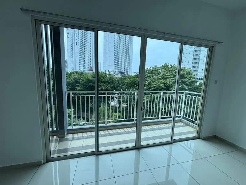 Room features: floor-to-ceiling sliding glass doors, white walls, glossy ceramic tile flooring, balcony with railing, view of greenery, natural light from large windows; style: modern; view: garden.