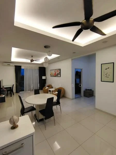 Living features: white painted walls, polished tile flooring, recessed ceiling lights, 5-blade ceiling fan, dining table with 4 black chairs, sofa, TV console, floor-to-ceiling windows with sheer curtains, decorative artwork on walls; style: modern.