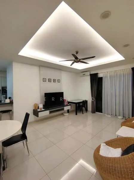 Living features: white painted walls, glossy tile flooring, tray ceiling with recessed lighting, 5-blade ceiling fan, wall-mounted TV, black TV console, glass dining table, black dining chairs, floor-to-ceiling sliding glass door, sheer curtains, dark curtains, decorative wall art; style: modern.