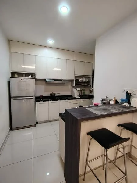 Kitchen features: white high-gloss cabinetry, black granite countertop, stainless-steel fridge, built-in oven, ceramic cooktop, stainless-steel sink, chrome pull-down faucet, tile backsplash, recessed downlights, open shelving, bar counter with stools, white tiled flooring, wall-mounted microwave, kettle, toaster; style: modern.