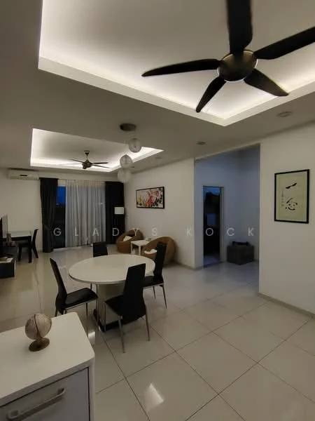 Living features: white painted walls, polished tile flooring, tray ceiling with recessed lighting, 5-blade ceiling fan with light, round dining table, 4 black dining chairs, sofa in brown, floor-to-ceiling windows with sheer curtains, decorative wall art, TV console, wall-mounted TV; style: modern.