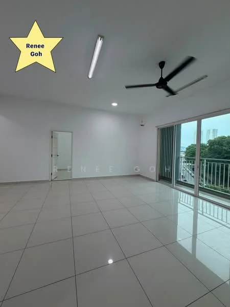 Living features: white painted walls, glossy ceramic tile flooring, 5-blade ceiling fan, sliding glass door, floor-to-ceiling windows, natural light from windows, curtains, balcony view; style: modern; view: city.