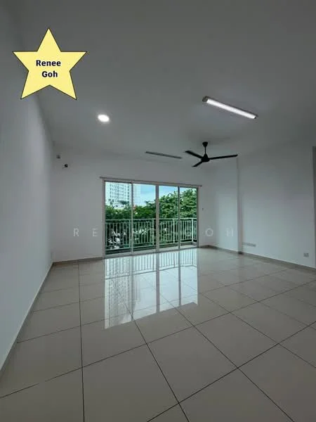 Living features: white painted walls, polished ceramic tile flooring, 5-blade ceiling fan with light, floor-to-ceiling sliding glass door, balcony with garden view, recessed LED downlights; style: modern; view: garden.