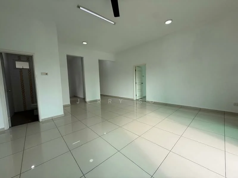Room features: white painted walls, glossy ceramic tile flooring, recessed LED downlights, ceiling fan, doorway leading to another room, doorway leading to bathroom, large windows, neutral color scheme; style: modern.