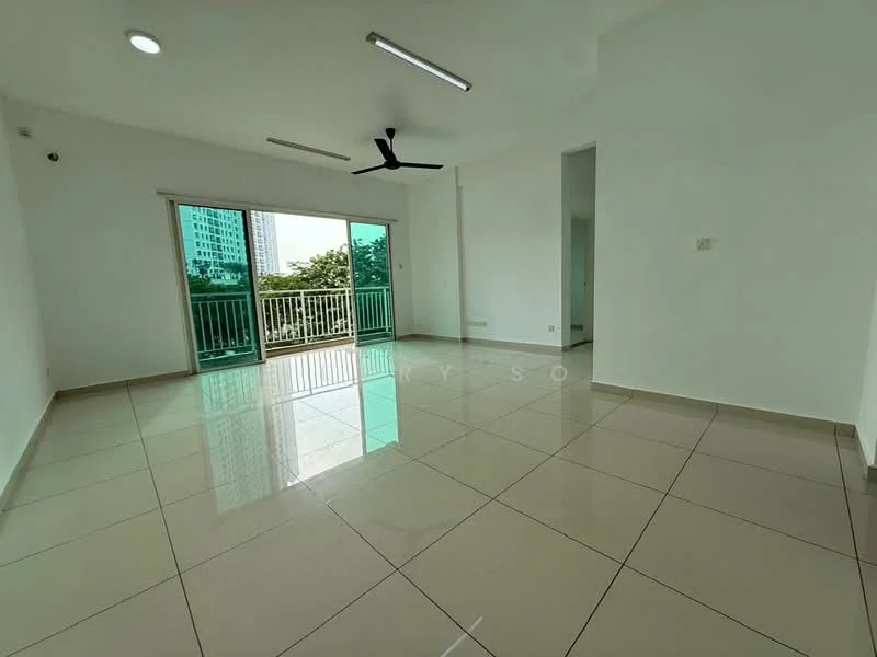 Living features: white painted walls, glossy ceramic tile flooring, 5-blade ceiling fan, sliding glass door, floor-to-ceiling windows, natural light, balcony access, neutral color scheme; style: modern; view: city.