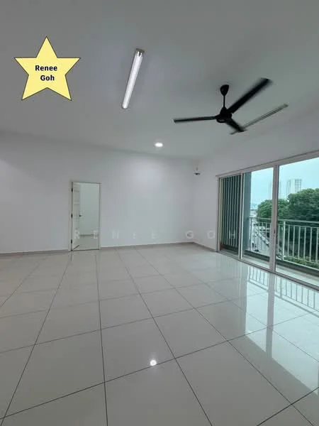 Living features: white painted walls, glossy ceramic tile flooring, 5-blade ceiling fan, recessed LED downlights, floor-to-ceiling sliding glass door, balcony access, city view, large windows, neutral color scheme; style: modern; view: city.