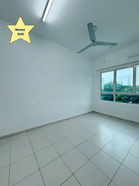 Room features: white painted walls, tile flooring, ceiling fan, floor-to-ceiling windows, window treatments, view of greenery outside; view: garden.