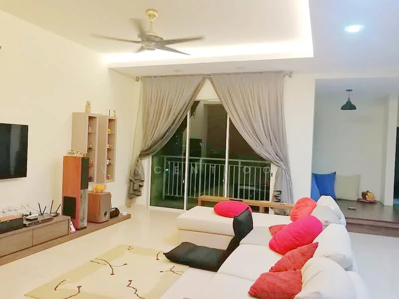 Living features: 3-seater fabric sofa in white, 2-seater fabric sofa in black, red decorative cushions, area rug with abstract pattern, wall-mounted TV, TV console with storage, ceiling fan with light, recessed downlights, floor-to-ceiling sliding glass door, curtains in light grey, balcony view, wooden flooring, decorative shelving unit; style: modern; view: city.