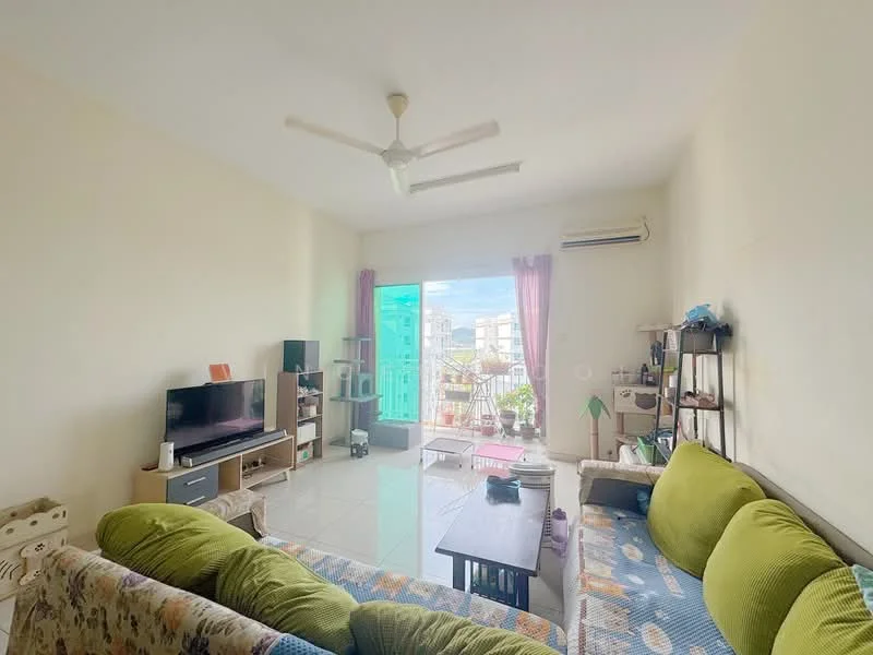 Living features: 2-seater fabric sofa in green, 3-seater fabric sofa with floral pattern, coffee table, wall-mounted TV, TV console, floor-to-ceiling windows, sliding glass door, curtains, ceiling fan, white painted walls, glossy tile flooring, decorative shelving unit, houseplants in pots; style: modern; view: city.