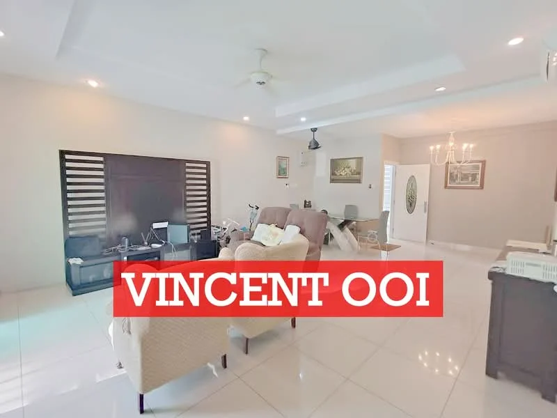 Living features: white painted walls, polished ceramic tile flooring, tray ceiling with recessed lighting, 5-blade ceiling fan, wall-mounted TV, sofa with beige upholstery, coffee table, dining table with chairs, decorative wall art, light fixture with chandelier design; style: modern.