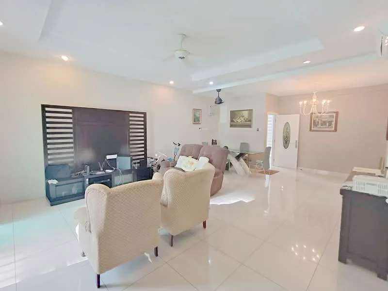 Living features: white painted walls, polished ceramic tile flooring, tray ceiling, 5-blade ceiling fan with light, recessed downlights, chandelier, sofa with cream upholstery, armchair with patterned fabric, TV console, wall-mounted TV, decorative artwork, dining table with chairs, bicycle, door leading to outdoor area; style: modern.