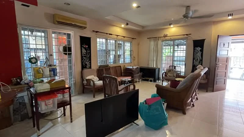 Living features: cream painted walls, white ceiling, recessed downlights, 5-blade ceiling fan, large windows with grilles, tile flooring, wooden armchairs, wooden sofa, coffee table, TV console, decorative wall art, air conditioning unit, curtains, open layout, decorative plants; style: contemporary; view: garden.