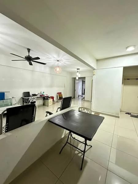Living features: white painted walls, glossy tile flooring, 5-blade ceiling fan, recessed downlights, pendant light, dining table with folding legs, black plastic chairs, glass-top dining table, open layout, visible study area with desk and chairs; style: modern.