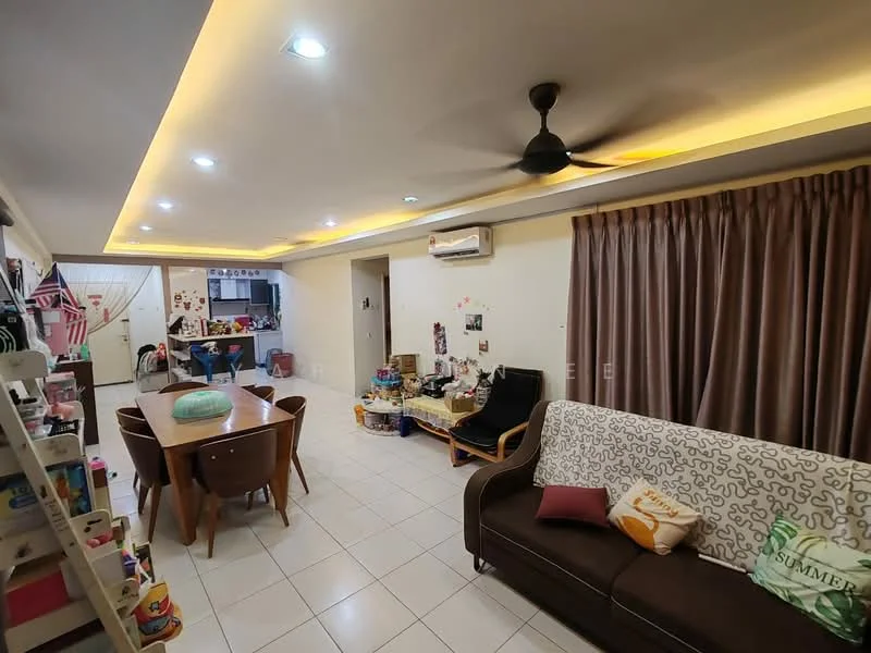 Living features: white painted walls, tile flooring, recessed downlights, 5-blade ceiling fan, sofa with patterned upholstery, wooden dining table, upholstered dining chairs, curtains, air conditioning unit, decorative cushions, shelves with various items; style: modern.