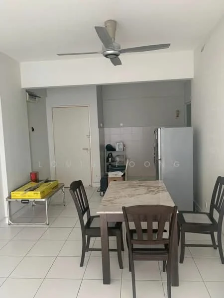 Dining features: 4-seater dining table with marble top, black wooden dining chairs, white tiled flooring, ceiling fan, wall-mounted air conditioning unit, refrigerator, kitchen area visible in background, light-colored walls; style: modern.