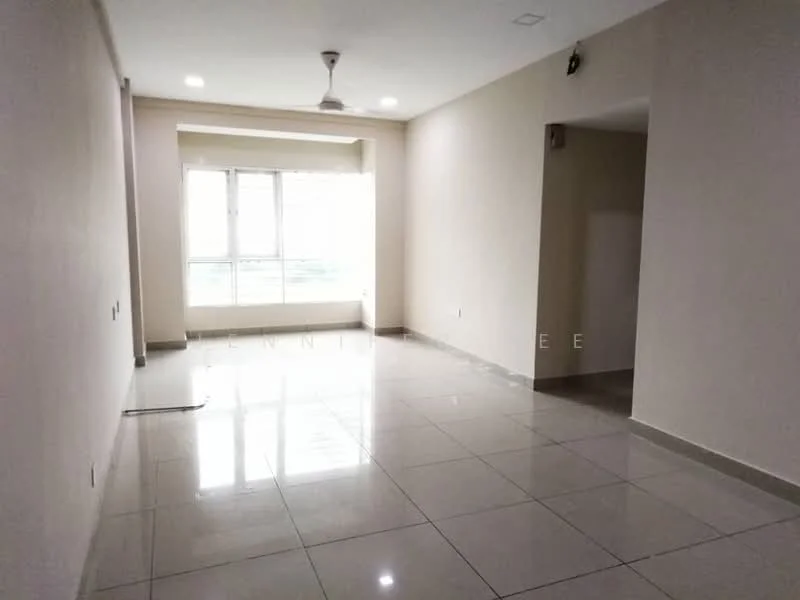 Living features: white painted walls, glossy ceramic tile flooring, ceiling fan, large windows with blinds, neutral color scheme, recessed lighting, open layout, corner space, no visible furniture; style: modern.