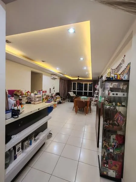 Room features: white painted walls, recessed ceiling lights, tile flooring, dining table with chairs, display cabinet with glass doors, open shelving, various decorative items, large windows, curtains, decorative wall art; style: modern.