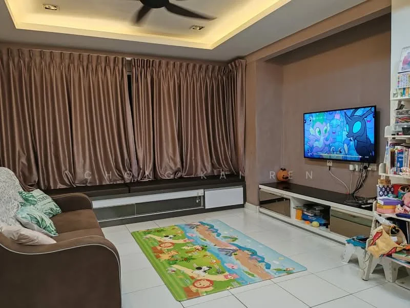Living features: 3-seater fabric sofa in brown, floor-to-ceiling windows with sheer curtains, white wall-mounted TV unit, wall-mounted TV, recessed downlights, ceiling fan, white tiled flooring, decorative area rug with animal print, built-in storage cabinet, soft beige wall paint, green decorative cushions; style: modern.