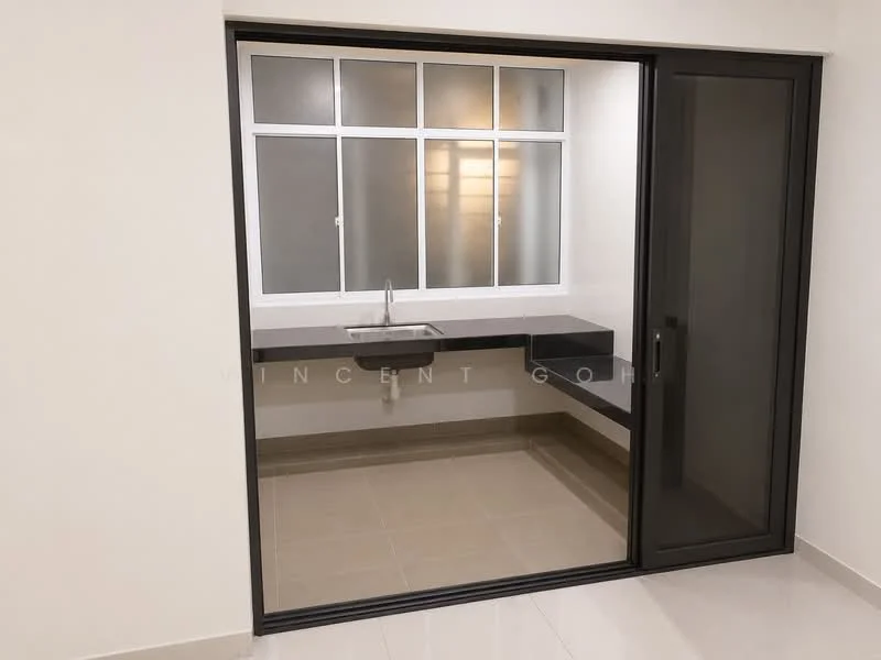 Laundry features: single-bowl stainless-steel sink, black countertop, white walls, tile flooring, sliding glass door, large window, natural light, built-in cabinetry; style: modern.