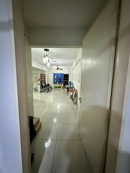 Room features: white painted walls, glossy tile flooring, ceiling lights, doorway leading to another room, furniture visible in the background, ceiling fan, boxes on the floor, open layout.