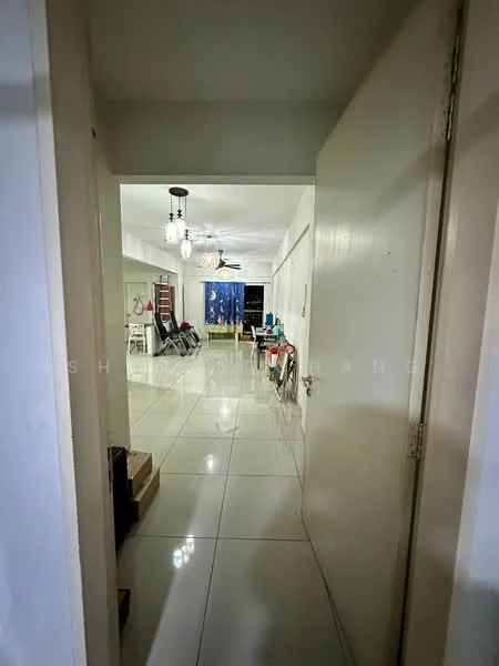 Room features: white painted walls, glossy tile flooring, recessed downlights, ceiling fan, open layout, multiple chairs, dining table, decorative wall art, large window with curtains; style: modern.
