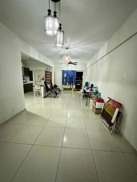 Living features: white painted walls, glossy tile flooring, 5-blade ceiling fan with light, hanging pendant lights, large window with blue curtains, dining table, plastic chairs, decorative wall art, open layout, neutral color scheme; style: modern; view: city.