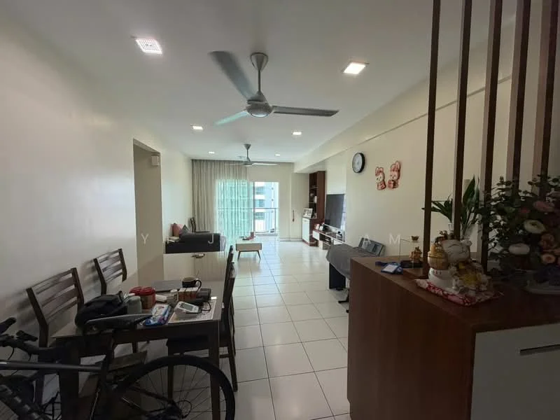 Living features: white painted walls, tile flooring, 5-blade ceiling fan with light, floor-to-ceiling windows, curtains, sofa, coffee table, TV console, wall-mounted TV, decorative wall art, area rug, dining table with chairs, bicycle, side table, decorative plants; style: modern; view: city.