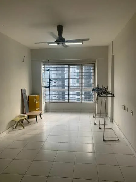 Room features: white painted walls, tile flooring, 5-blade ceiling fan with light, floor-to-ceiling windows, window with horizontal blinds, clothes rack, yellow cabinet, small stool, hanging clothes, natural light from window; style: modern; view: city.