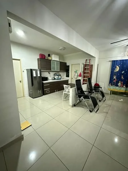 Kitchen features: white cabinets, grey countertop, stainless-steel fridge, built-in oven, freestanding range oven, double-bowl stainless-steel sink, chrome pull-down faucet, ceramic tile flooring, recessed downlights, open shelving, wall-mounted ladder, dining table with chairs, decorative curtains with moon and star pattern; style: modern.